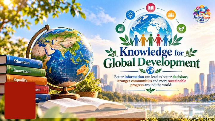 Knowledge for Global Development card with data, communities, sustainability symbols, name and rectangle photo