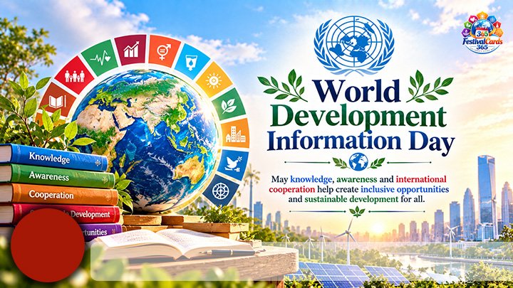World Development Information Day card with global information network, name and round photo