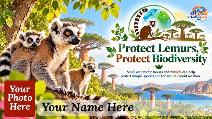 Protect Lemurs Protect Biodiversity card with lemurs, baobab landscape, name and rectangle photo