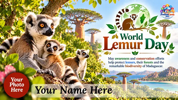 World Lemur Day card with lemurs, Madagascar landscape, name and round photo