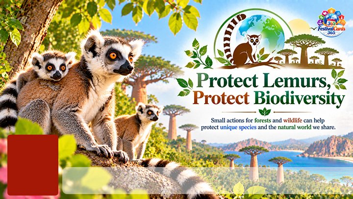 Protect Lemurs Protect Biodiversity card with lemurs, baobab landscape, name and rectangle photo