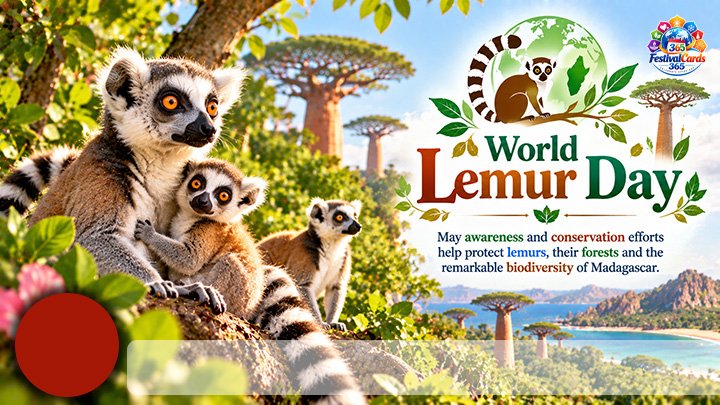 World Lemur Day card with lemurs, Madagascar landscape, name and round photo