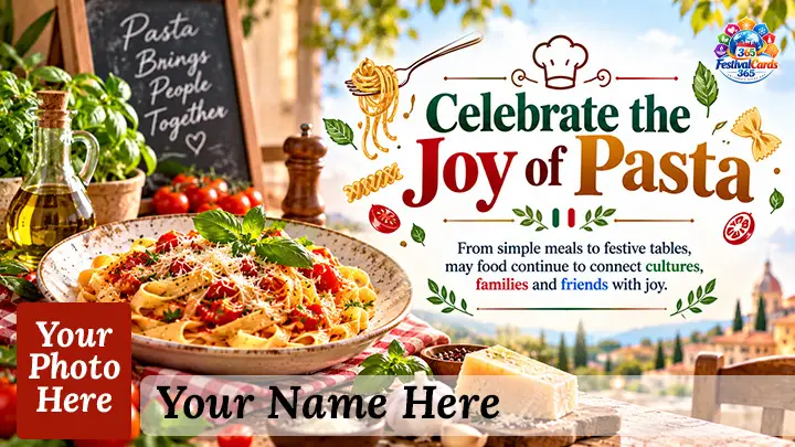 Celebrate the Joy of Pasta card with meal table, name and rectangle photo