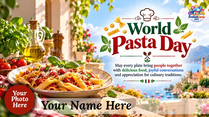 World Pasta Day wishes card with pasta, Italian coast, name and round photo