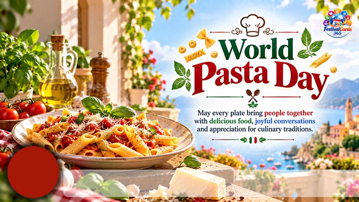 World Pasta Day wishes card with pasta, Italian coast, name and round photo