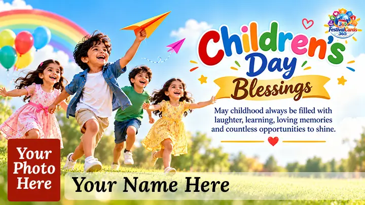 Children's Day Blessings card with children, balloons, rainbow, name and rectangle photo