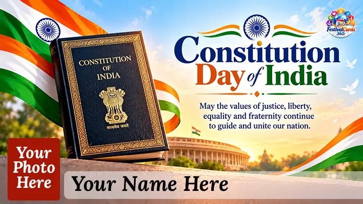 Constitution Day of India card with the Constitution book, Indian flag, Parliament, name and rectangle photo