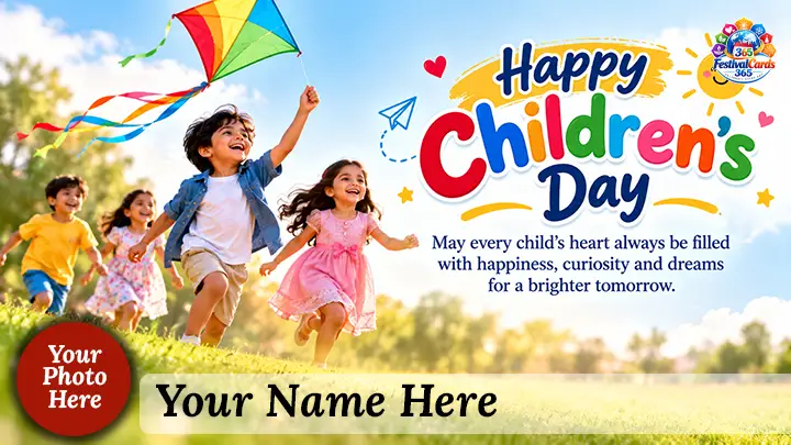 Happy Children's Day wishes card with children running with a kite, name and round photo