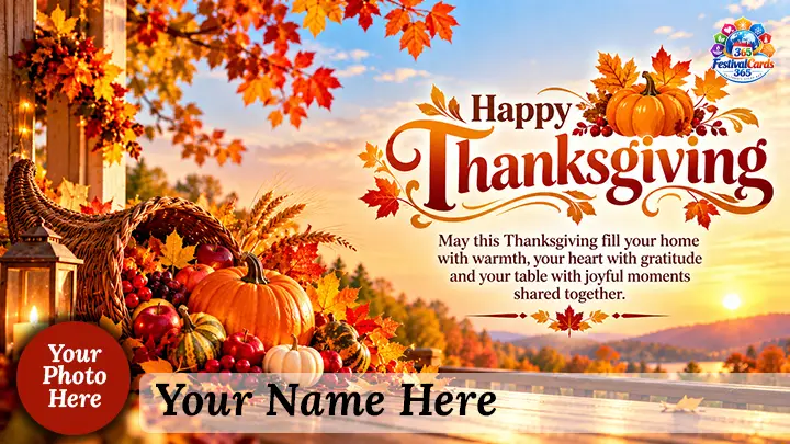 Happy Thanksgiving wishes card with autumn leaves, pumpkins, name and round photo