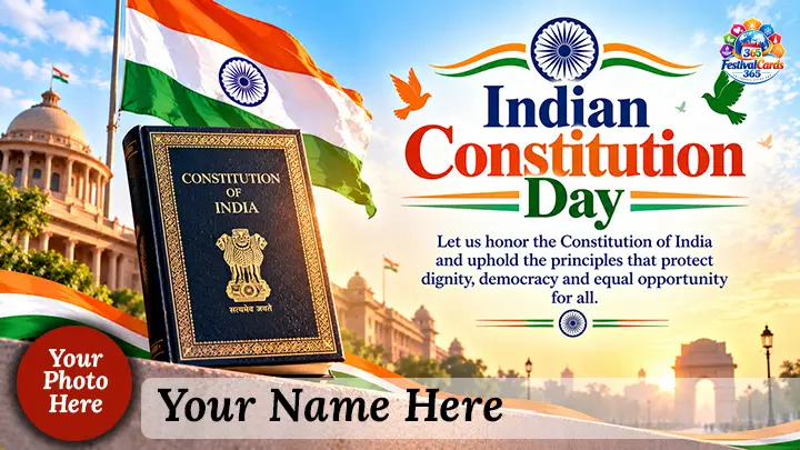 Indian Constitution Day card with the Constitution book, Indian flag, government buildings, name and round photo