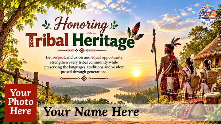 Honoring Tribal Heritage card with tribal community members, traditional homes, name and rectangle photo