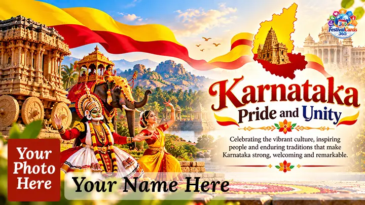 Karnataka Pride and Unity card with Yakshagana, classical dance, heritage sites, name and rectangle photo