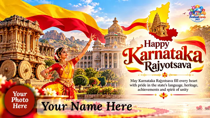 Happy Karnataka Rajyotsava card with Vidhana Soudha, heritage monuments, state colors, name and round photo