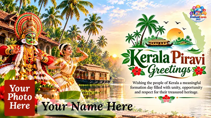 Kerala Piravi Greetings card with Kathakali, Mohiniyattam, houseboat, palms, name and rectangle photo