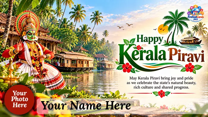 Happy Kerala Piravi card with Kathakali dancer, backwaters, houseboat, palms, name and round photo
