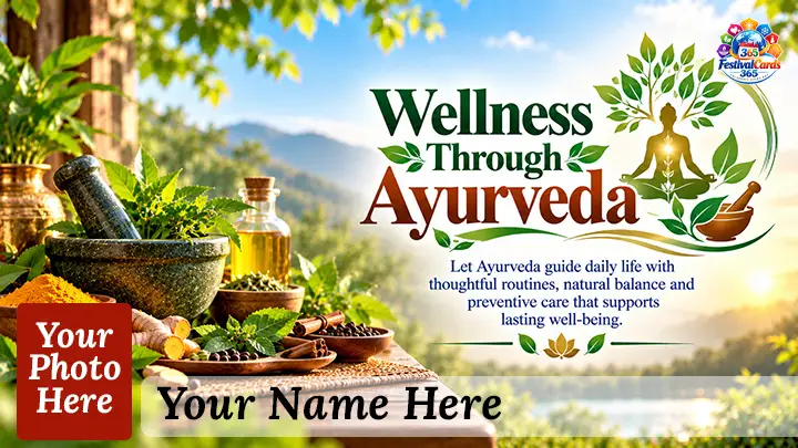 Wellness Through Ayurveda card with medicinal herbs, oils, meditation symbol, name and rectangle photo