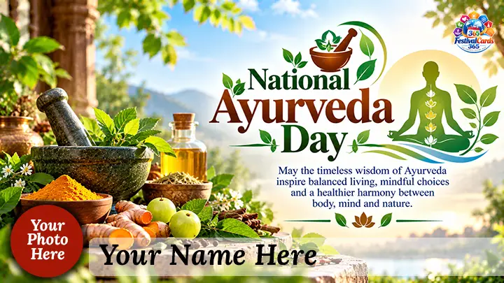 National Ayurveda Day wishes card with herbs, mortar and pestle, meditation symbol, name and round photo