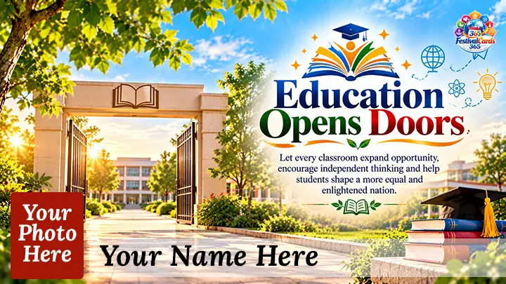 Education Opens Doors card with open school gate, books, learning symbols, name and rectangle photo
