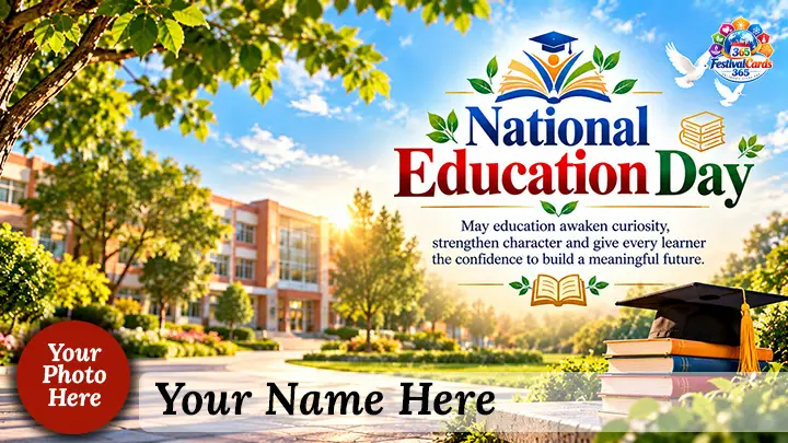 National Education Day card with school campus, books, graduation cap, name and round photo