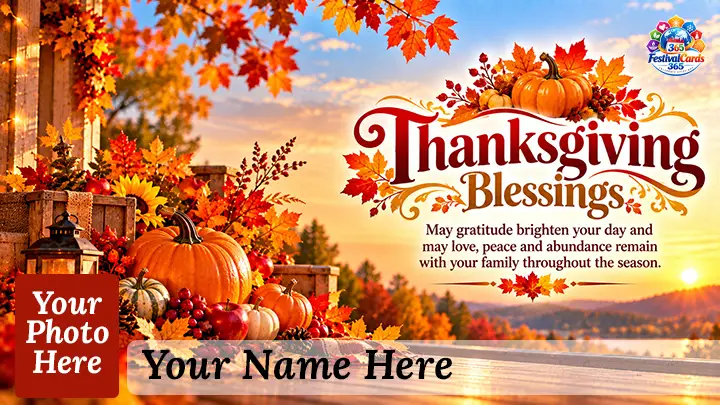 Thanksgiving Blessings card with pumpkins, autumn harvest, name and rectangle photo
