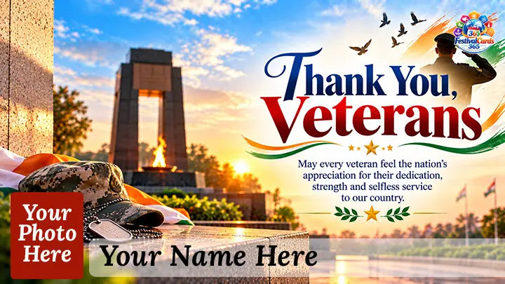 Thank You Veterans card with military cap, service tags, memorial flame, saluting figure, name and rectangle photo