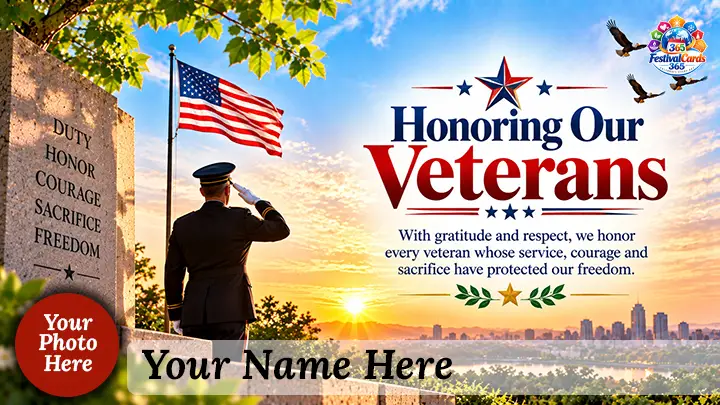 Honoring Our Veterans card with a saluting service member, United States flag, memorial, name and round photo