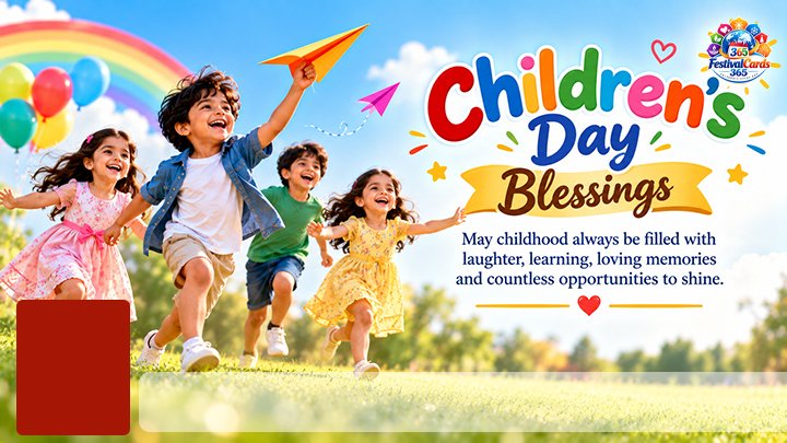 Children's Day Blessings card with children, balloons, rainbow, name and rectangle photo