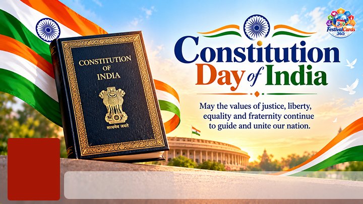 Constitution Day of India card with the Constitution book, Indian flag, Parliament, name and rectangle photo