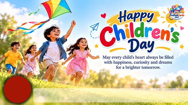 Happy Children's Day wishes card with children running with a kite, name and round photo