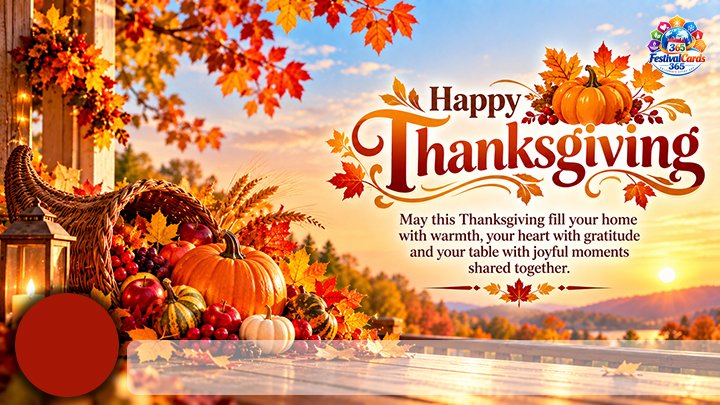 Happy Thanksgiving wishes card with autumn leaves, pumpkins, name and round photo