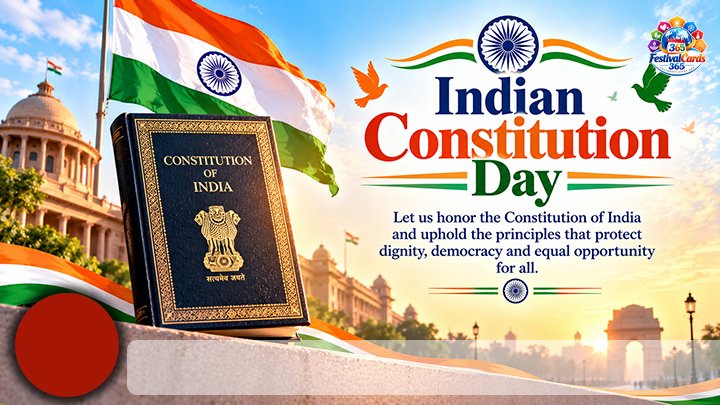 Indian Constitution Day card with the Constitution book, Indian flag, government buildings, name and round photo