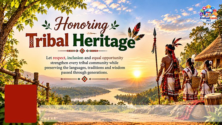 Honoring Tribal Heritage card with tribal community members, traditional homes, name and rectangle photo