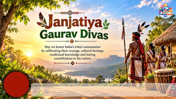 Janjatiya Gaurav Divas card with tribal community members, a mountain landscape, name and round photo