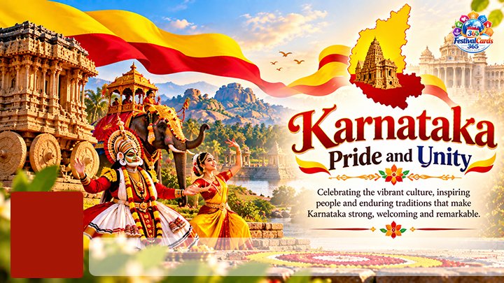 Karnataka Pride and Unity card with Yakshagana, classical dance, heritage sites, name and rectangle photo