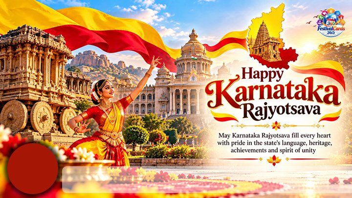 Happy Karnataka Rajyotsava card with Vidhana Soudha, heritage monuments, state colors, name and round photo