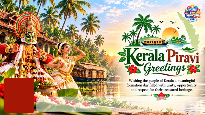 Kerala Piravi Greetings card with Kathakali, Mohiniyattam, houseboat, palms, name and rectangle photo