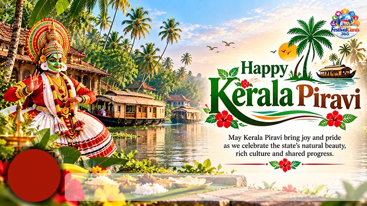 Happy Kerala Piravi card with Kathakali dancer, backwaters, houseboat, palms, name and round photo