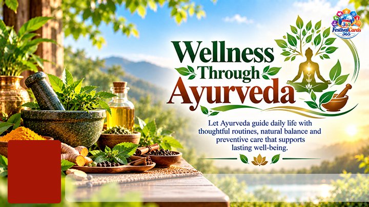 Wellness Through Ayurveda card with medicinal herbs, oils, meditation symbol, name and rectangle photo