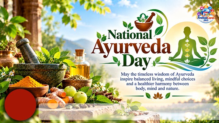 National Ayurveda Day wishes card with herbs, mortar and pestle, meditation symbol, name and round photo