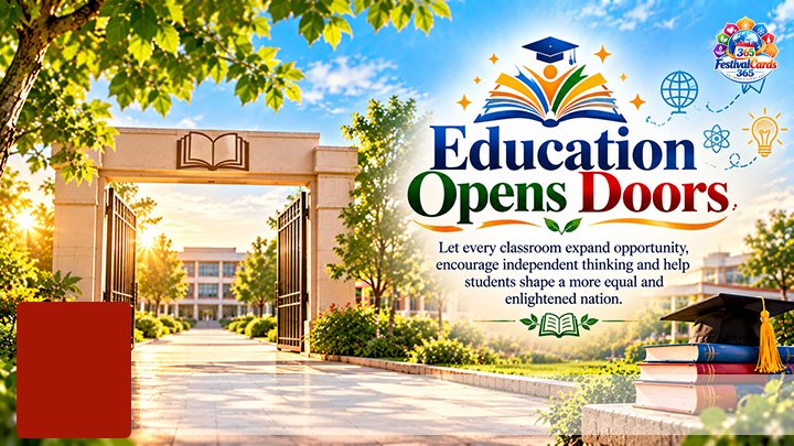 Education Opens Doors card with open school gate, books, learning symbols, name and rectangle photo