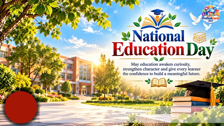 National Education Day card with school campus, books, graduation cap, name and round photo
