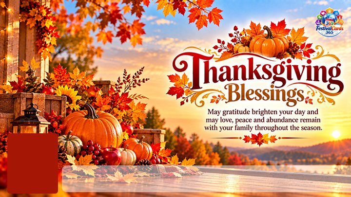 Thanksgiving Blessings card with pumpkins, autumn harvest, name and rectangle photo
