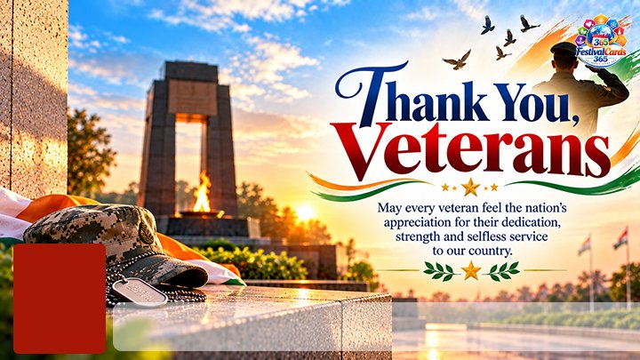 Thank You Veterans card with military cap, service tags, memorial flame, saluting figure, name and rectangle photo