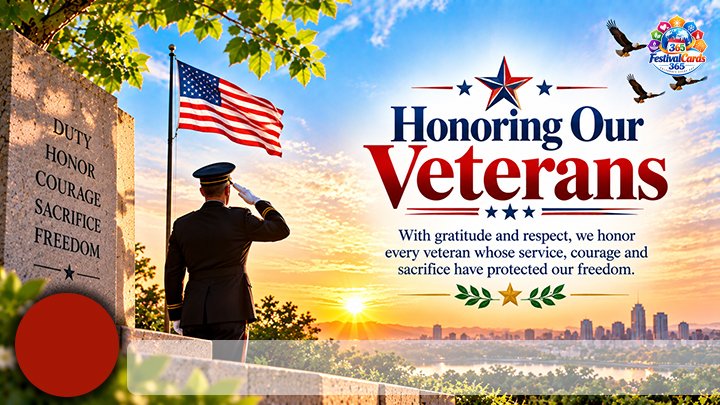 Honoring Our Veterans card with a saluting service member, United States flag, memorial, name and round photo