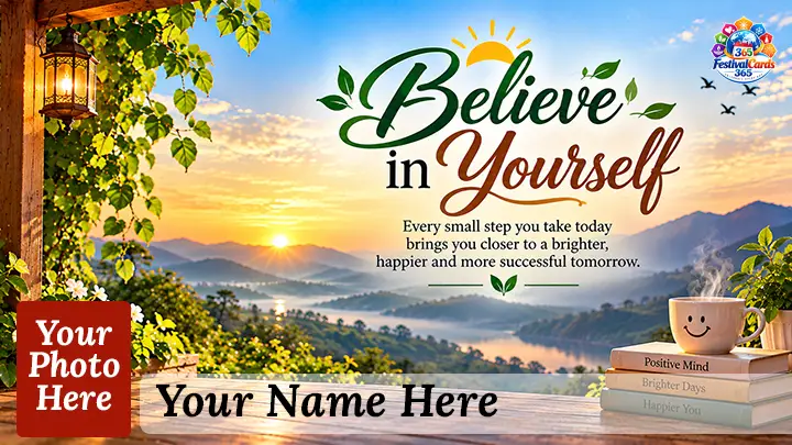 Believe in Yourself inspirational quote card with a sunrise over green hills