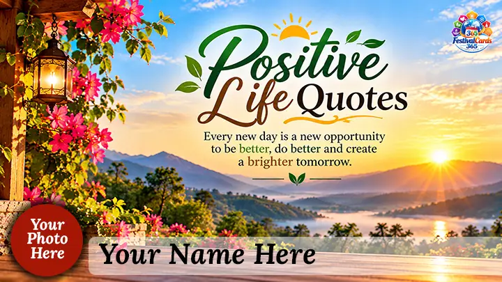 Positive Life Quotes card with sunrise, flowers, name and round photo