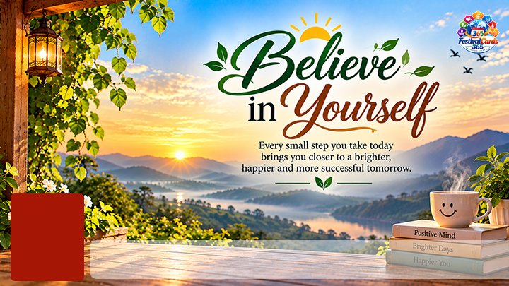 Believe in Yourself inspirational quote card with sunrise, books and rectangle photo