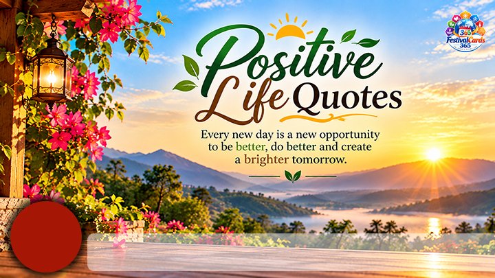 Positive Life Quotes card with sunrise, flowers, name and round photo